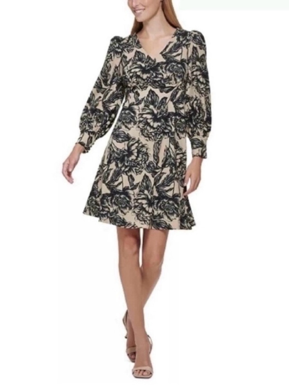 ❤️ NWT! Black and Khaki CALVIN KLEIN Empire-Waist Printed Dress - Size 10